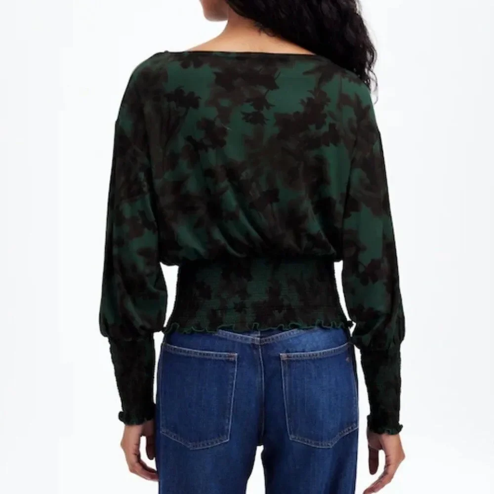 Madewell Forest Green Leafy Botanical Print Smocked Waist Top XS Cottagecore